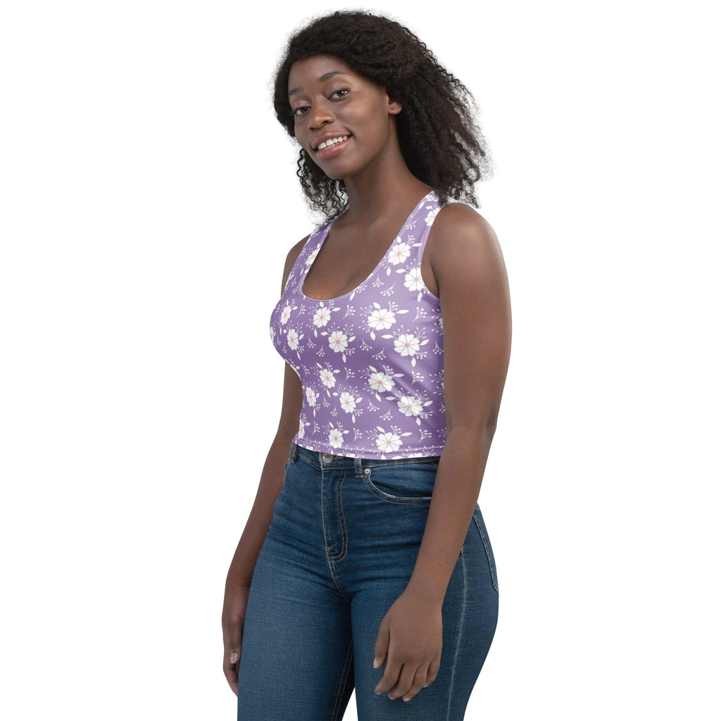Women's Purple White Floral Buttery Soft Crop Top- Quick-Drying UPF 50+ Stretch Top