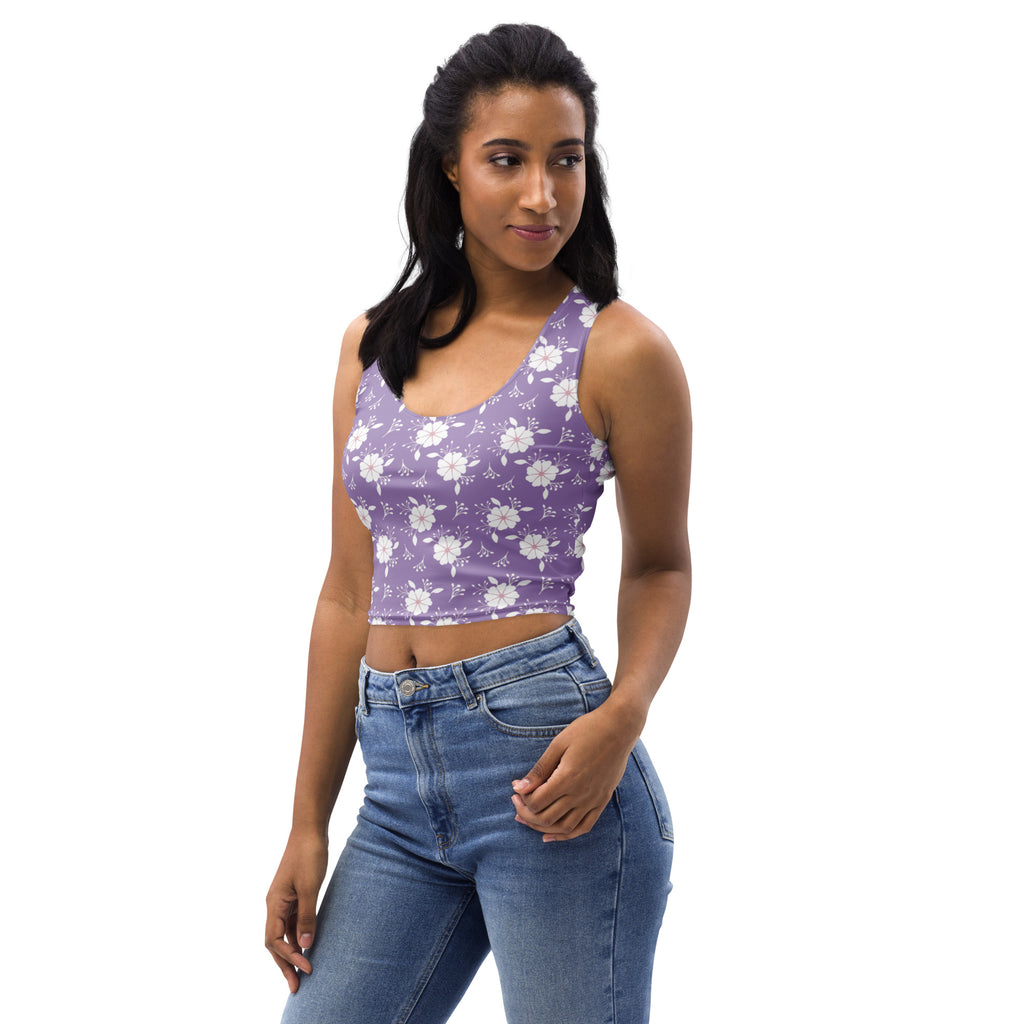 Women's Purple White Floral Buttery Soft Crop Top- Quick-Drying UPF 50+ Stretch Top