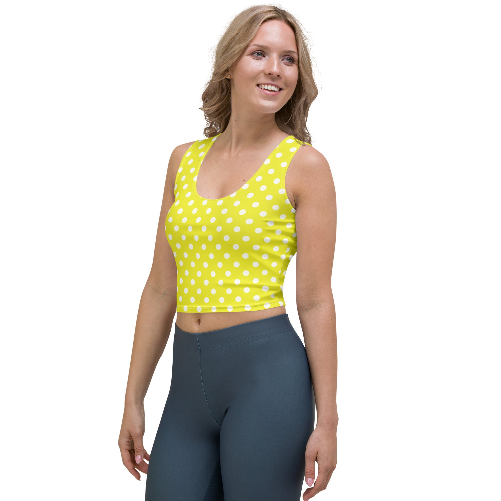 Women's Yellow Polka Dot Buttery Soft Crop Top- Quick-Drying UPF 50+ Stretch Top