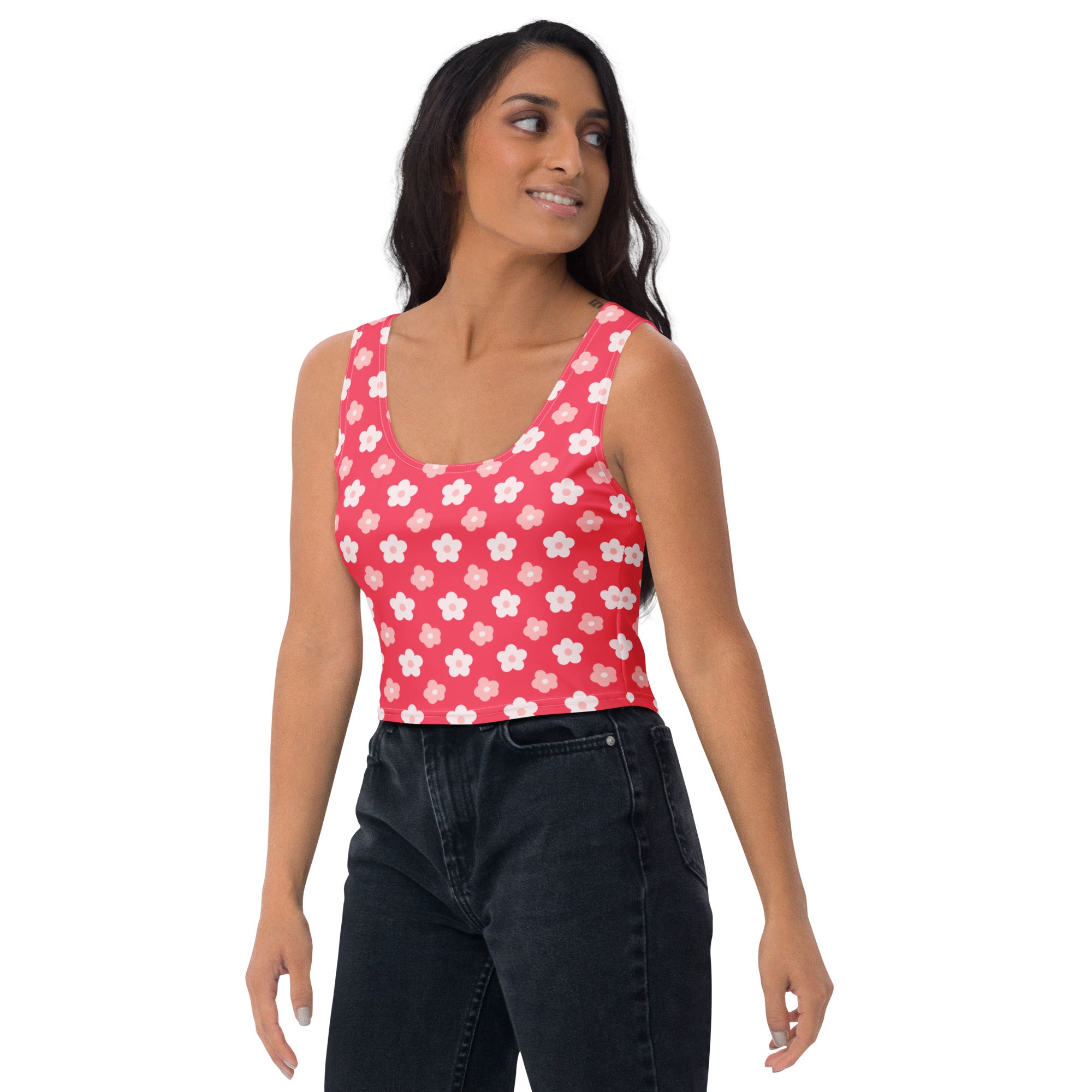 Women's Coral Floral Daisy Buttery Soft Crop Top- Quick-Drying UPF 50+ Stretch Top