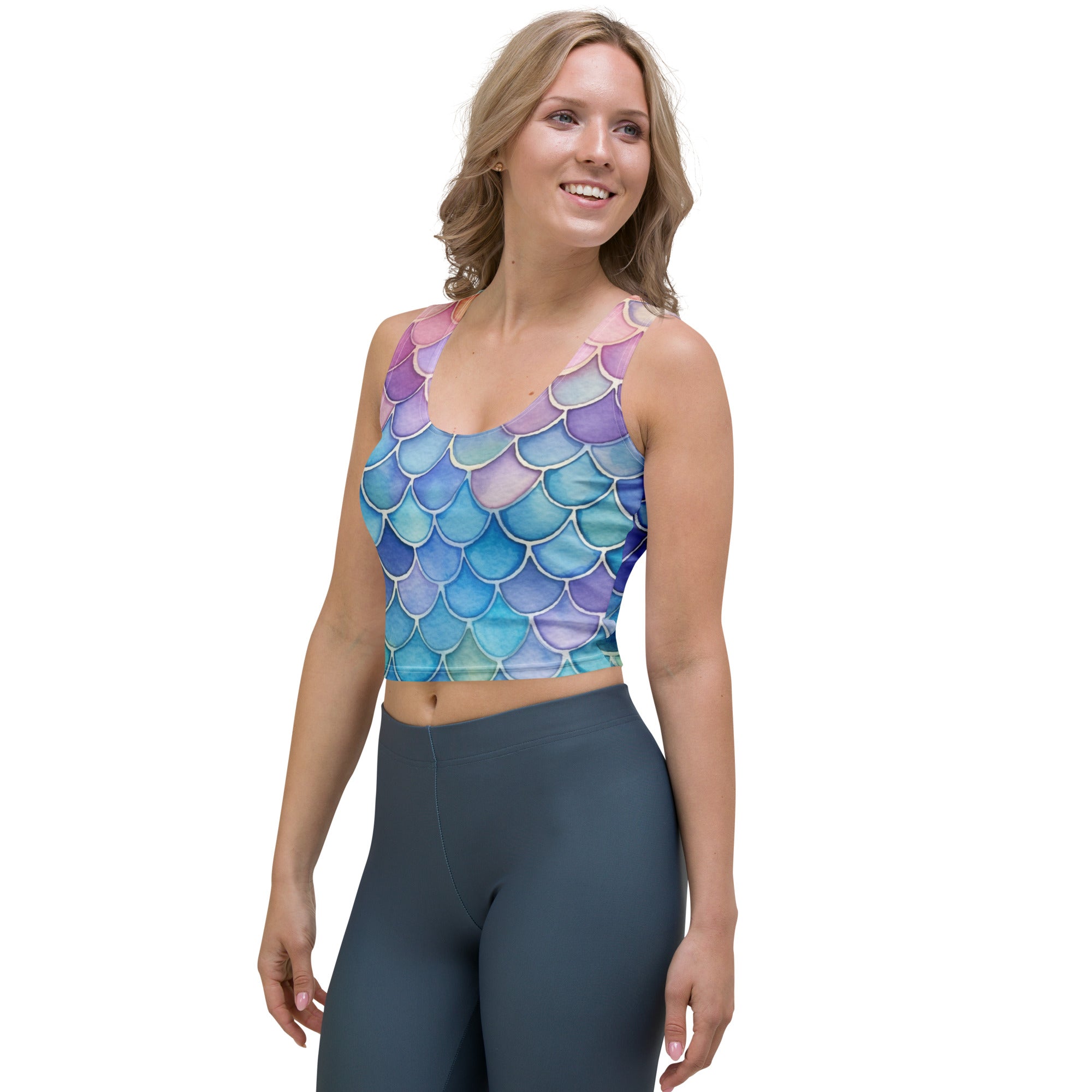 Women's Watercolor Mermaid Buttery Soft Crop Top- Quick-Drying UPF 50+ Stretch Top