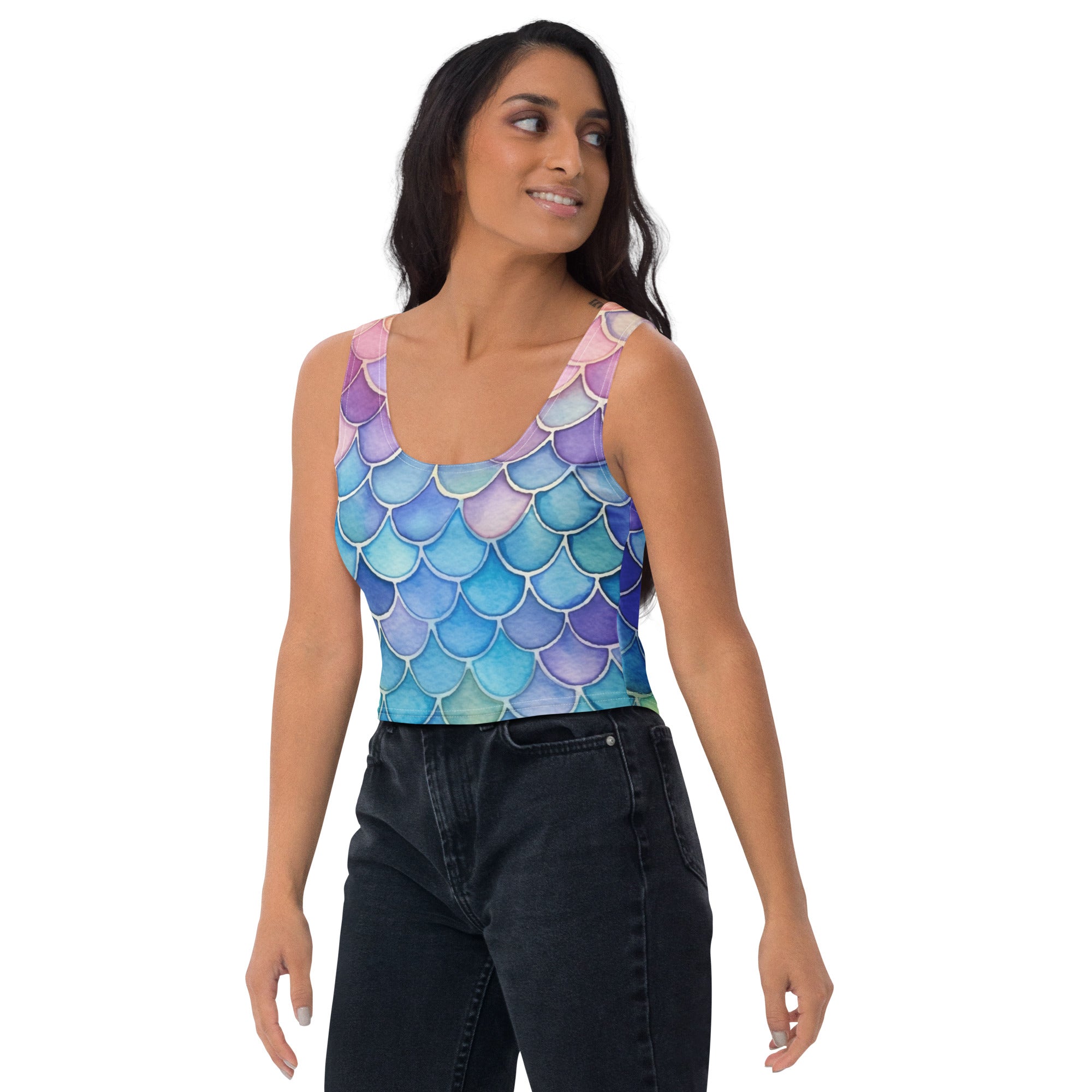 Women's Watercolor Mermaid Buttery Soft Crop Top- Quick-Drying UPF 50+ Stretch Top