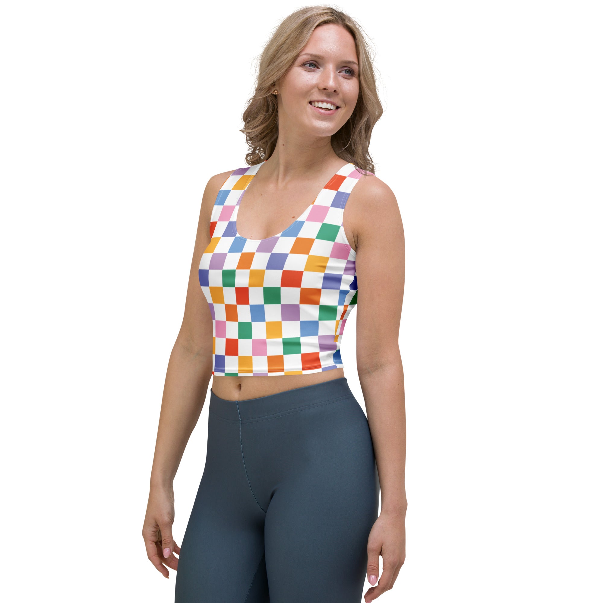 Women's Colorful Checkerboard Buttery Soft Crop Top- Quick-Drying UPF 50+ Stretch Top