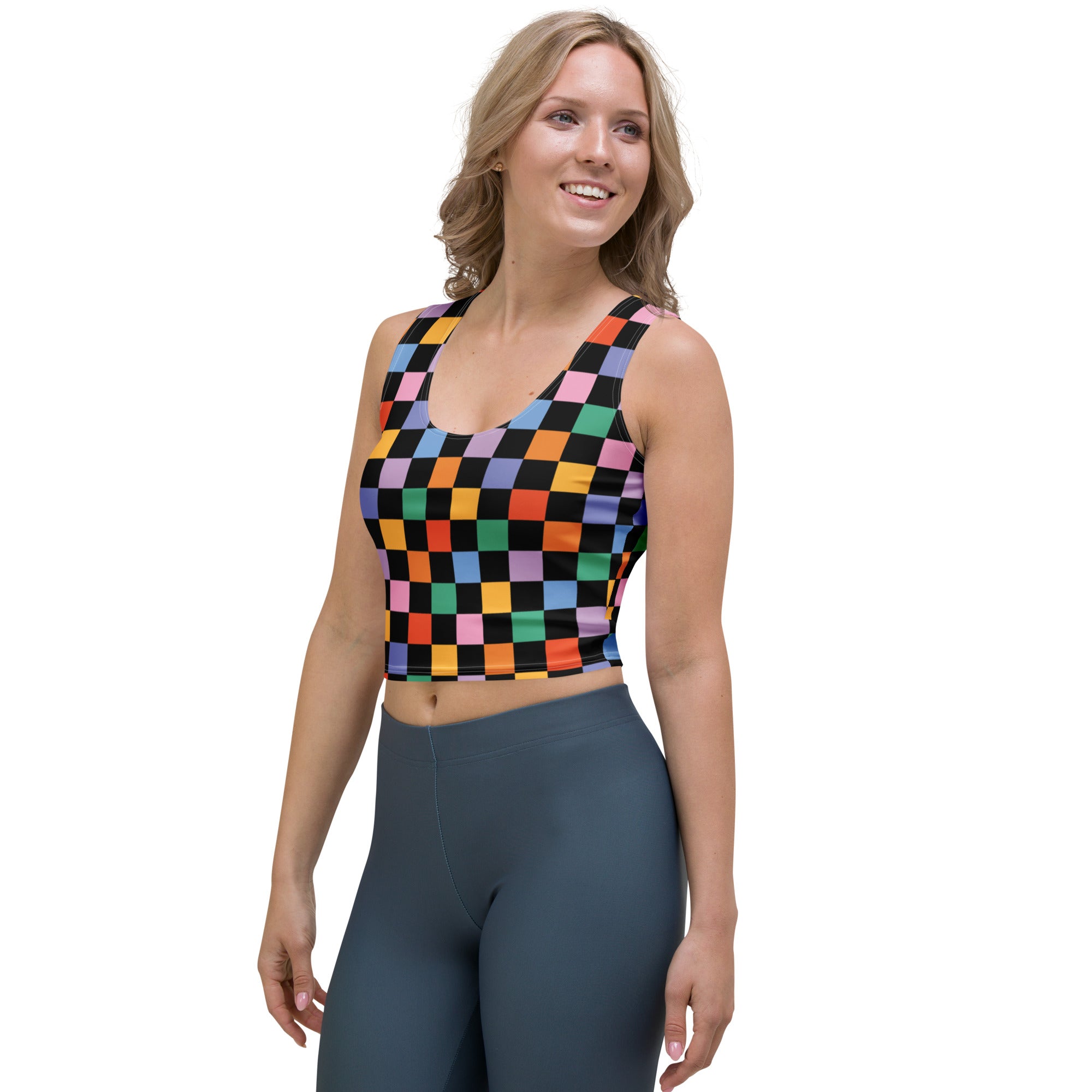 Women's Black Colorful Checkerboard Buttery Soft Crop Top- Quick-Drying UPF 50+ Stretch Top