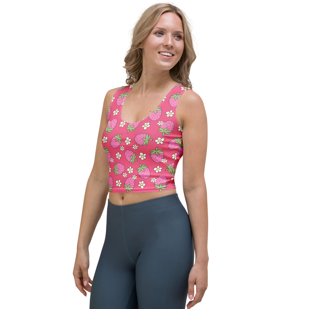 Women's Pink Strawberry Daisy Buttery Soft Crop Top- Quick-Drying UPF 50+ Stretch Top