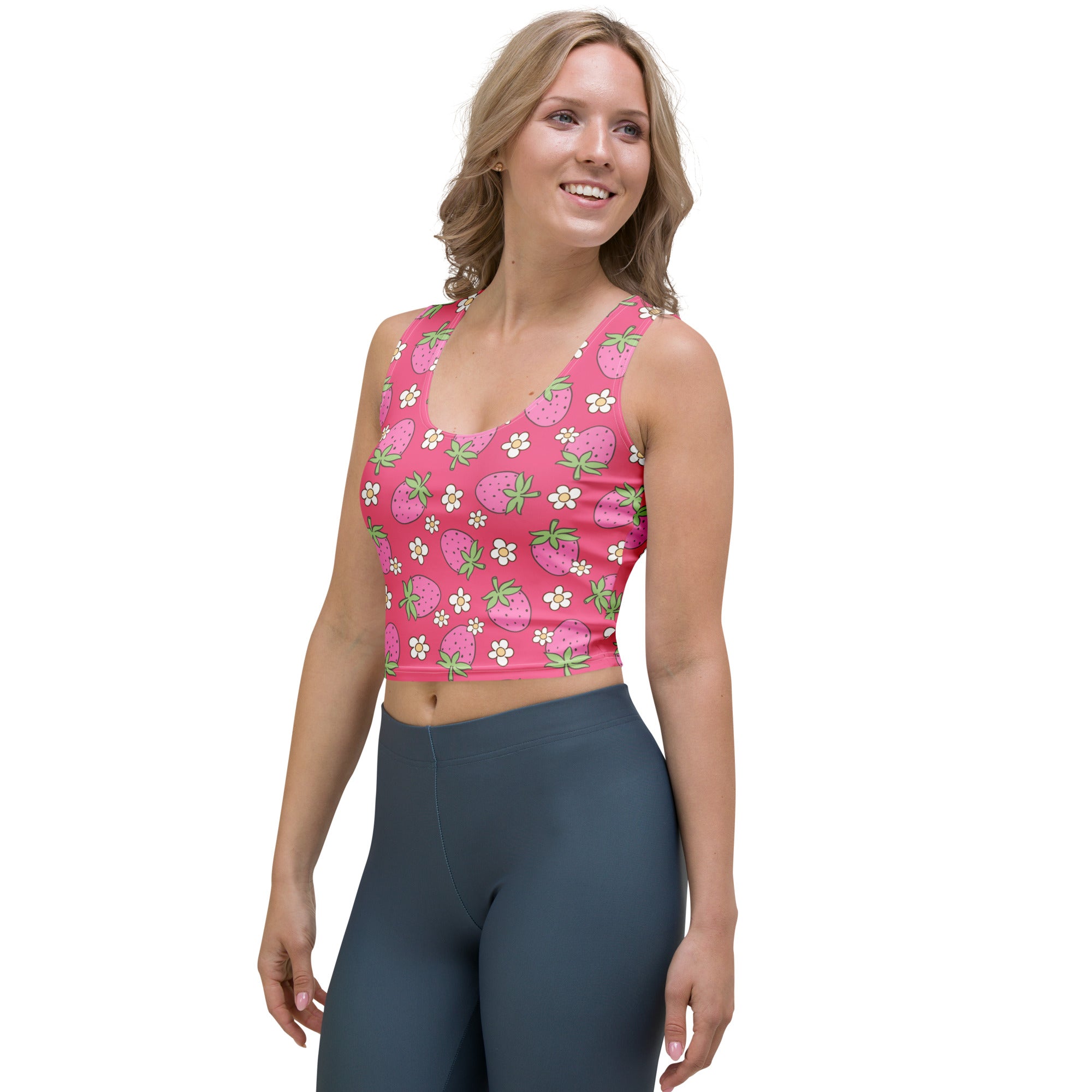 Women's Pink Strawberry Daisy Buttery Soft Crop Top- Quick-Drying UPF 50+ Stretch Top
