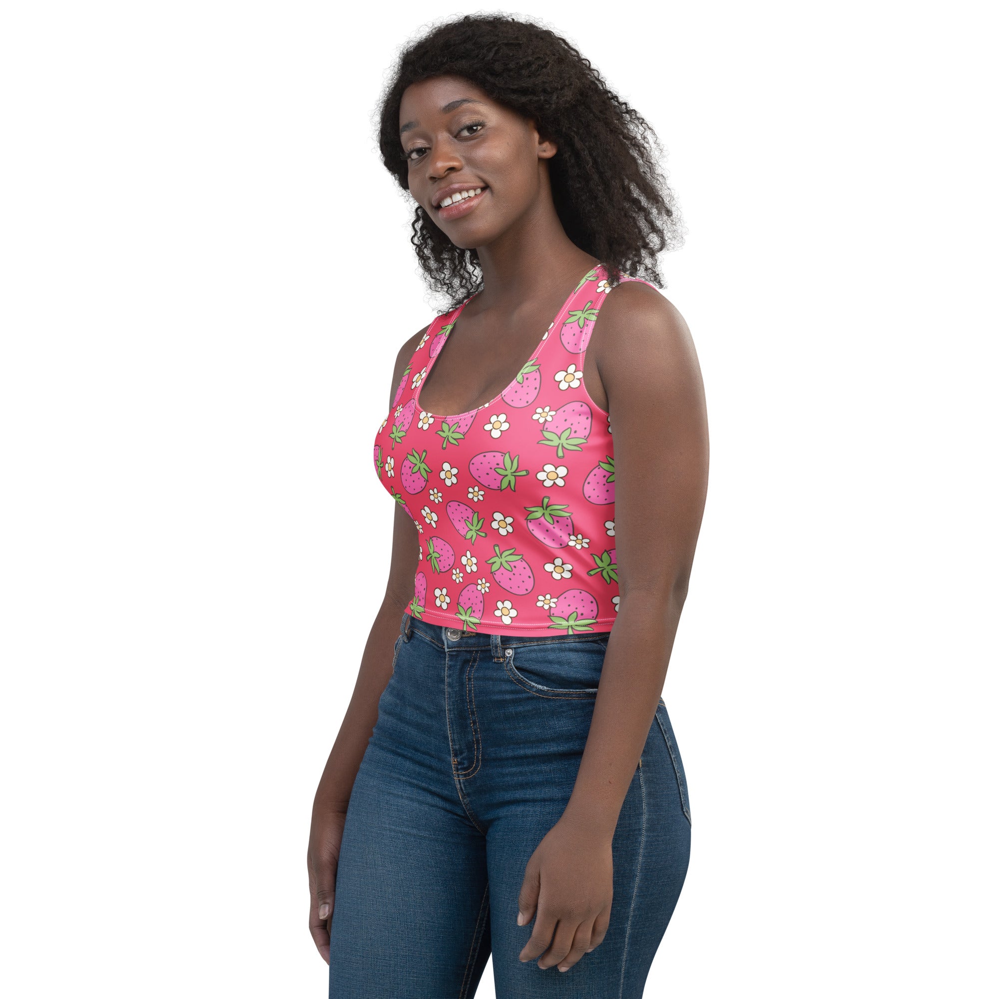 Women's Pink Strawberry Daisy Buttery Soft Crop Top- Quick-Drying UPF 50+ Stretch Top