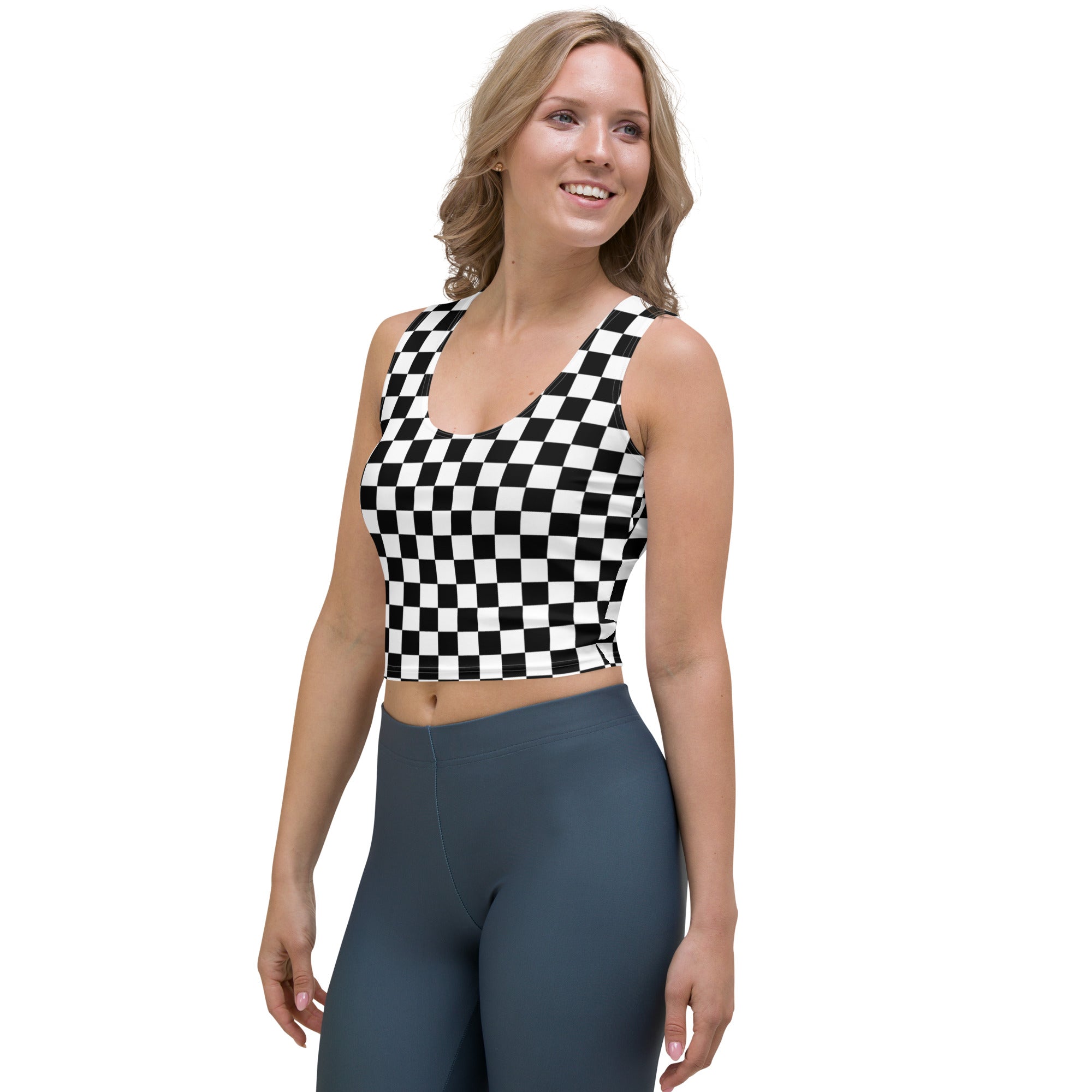 Women's Black Checkered Buttery Soft Crop Top- Quick-Drying UPF 50+ Stretch Top