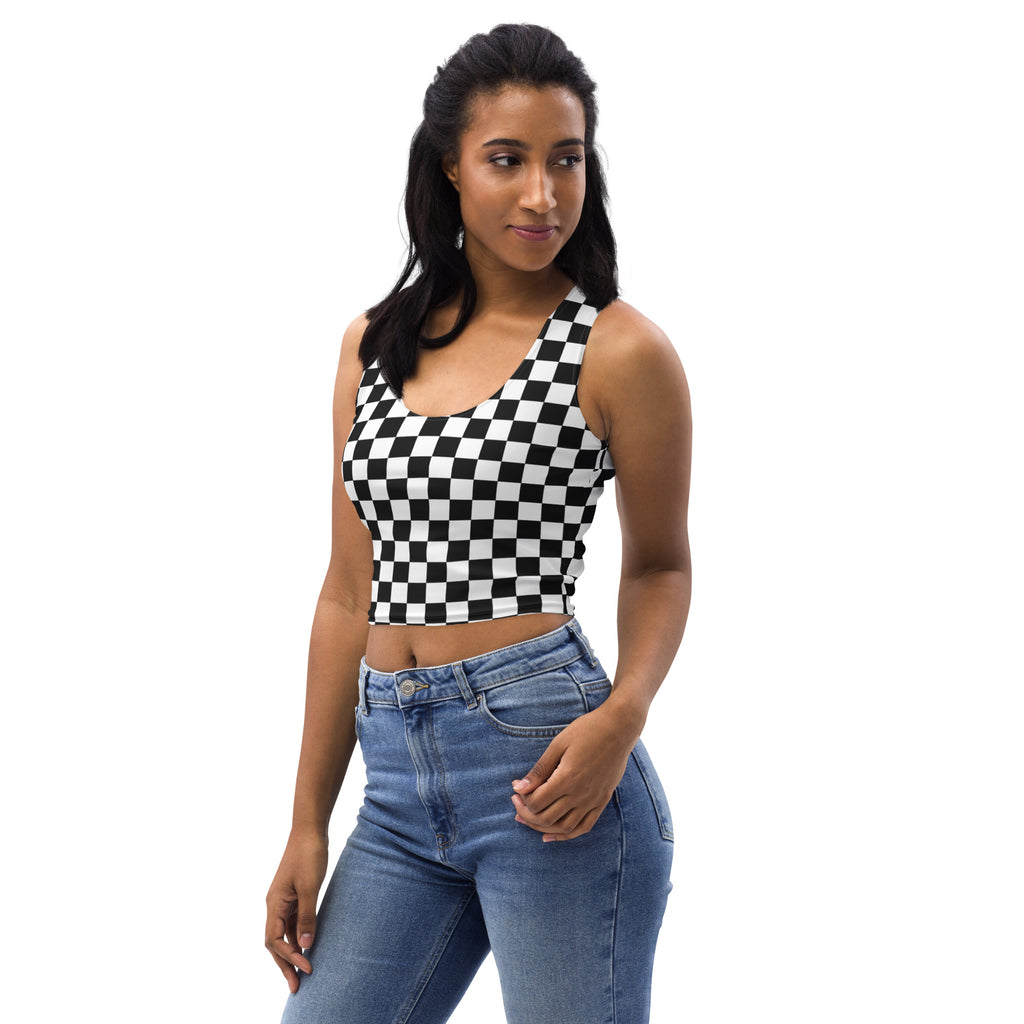 Women's Black Checkered Buttery Soft Crop Top- Quick-Drying UPF 50+ Stretch Top