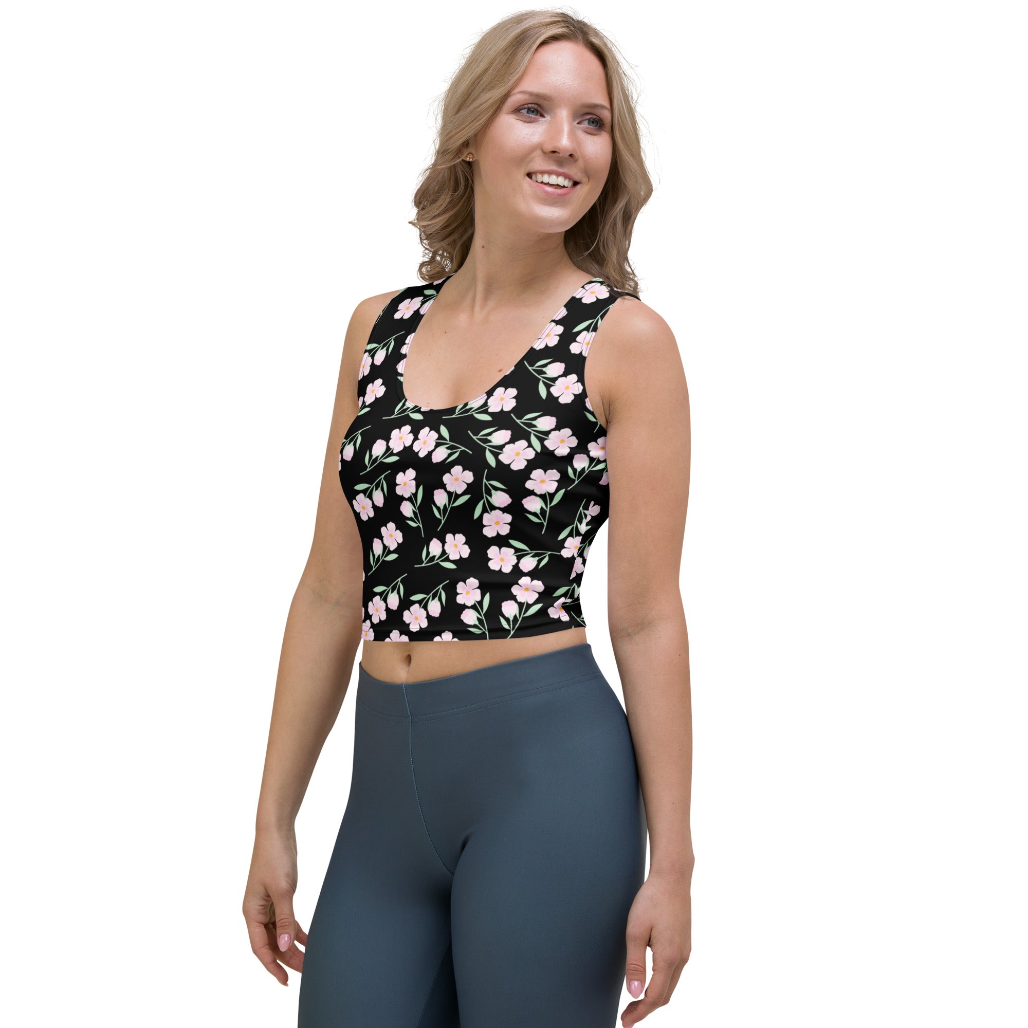 Women's Black Floral Buttery Soft Crop Top- Quick-Drying UPF 50+ Stretch Top