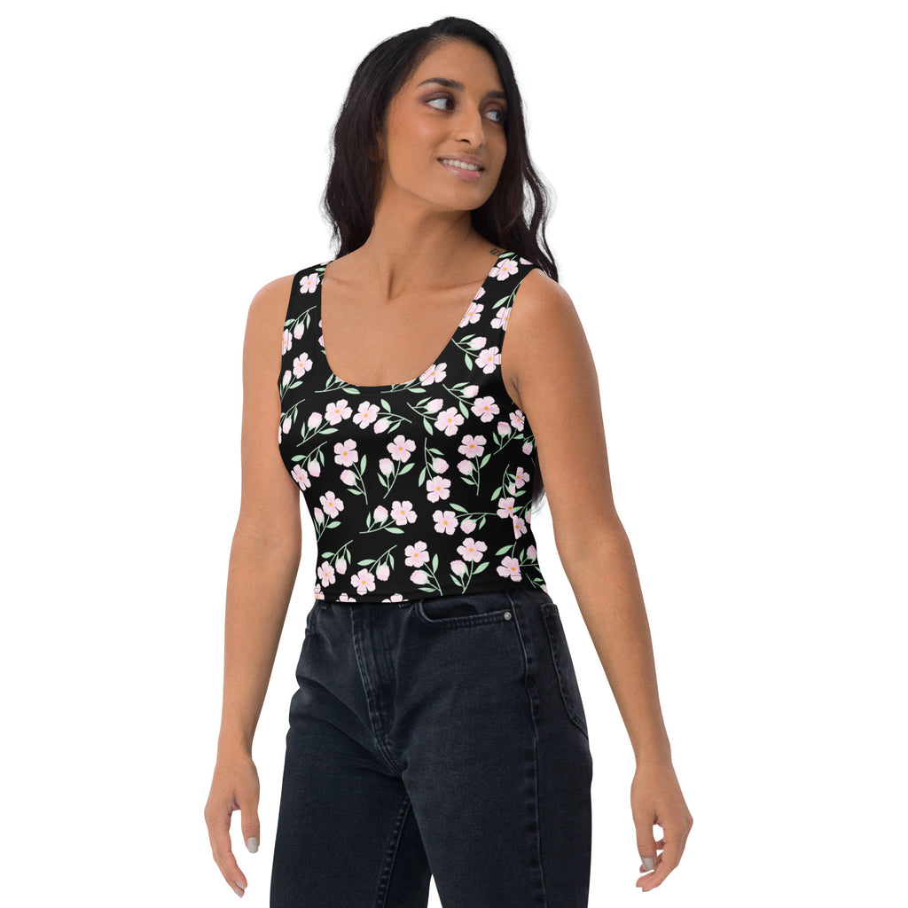 Women's Black Floral Buttery Soft Crop Top- Quick-Drying UPF 50+ Stretch Top