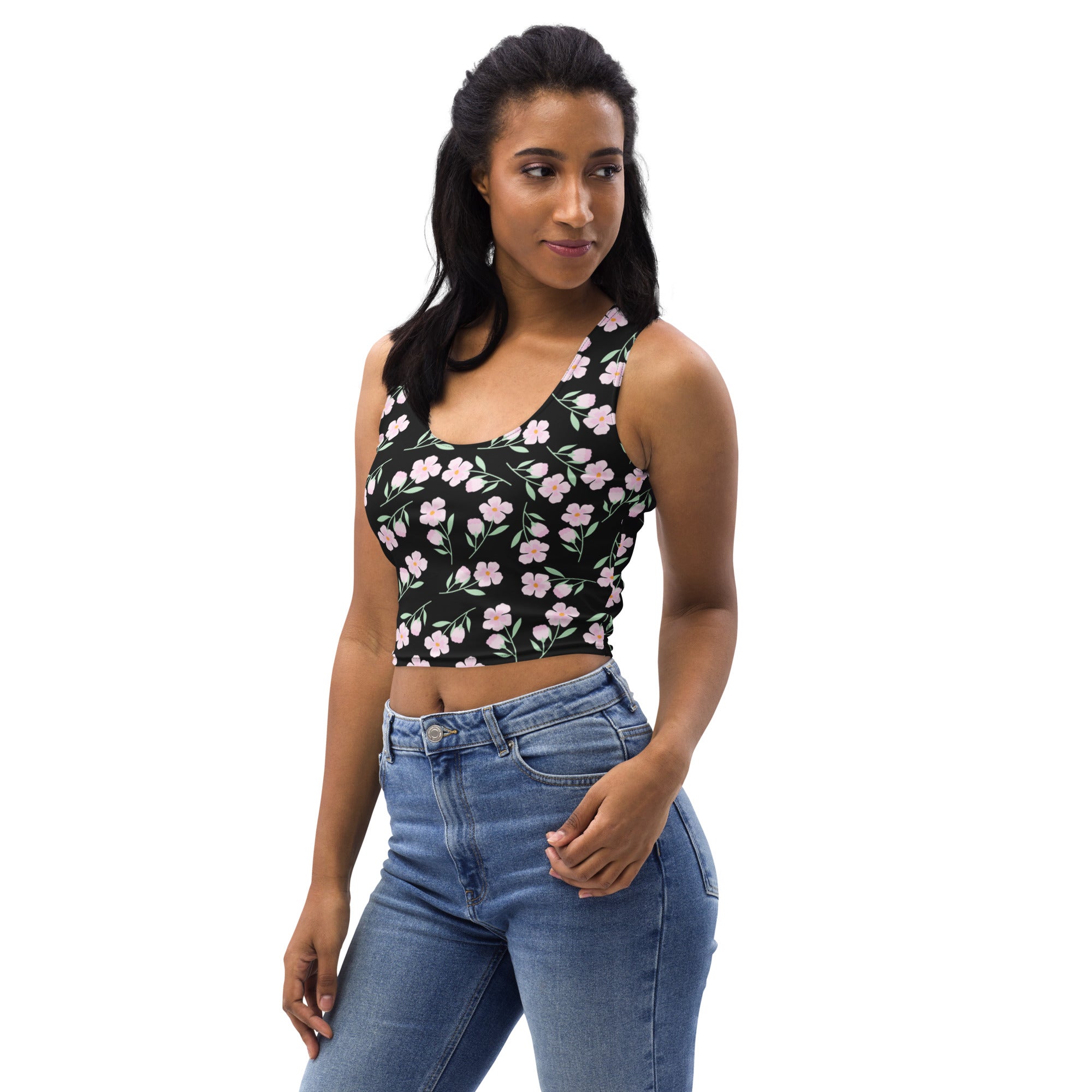 Women's Black Floral Buttery Soft Crop Top- Quick-Drying UPF 50+ Stretch Top