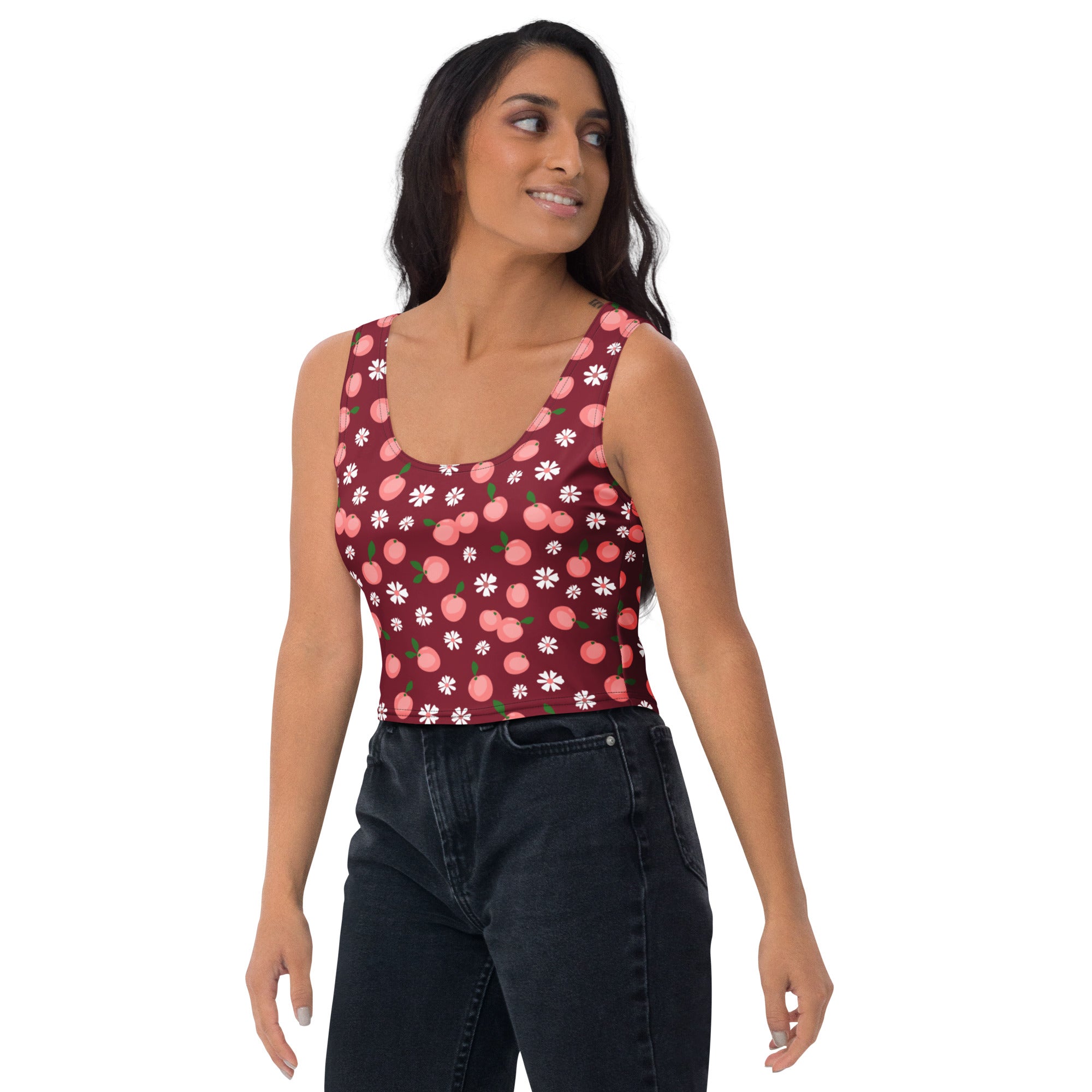 Women's Cherry Daisy Buttery Soft Crop Top- Quick-Drying UPF 50+ Stretch Top