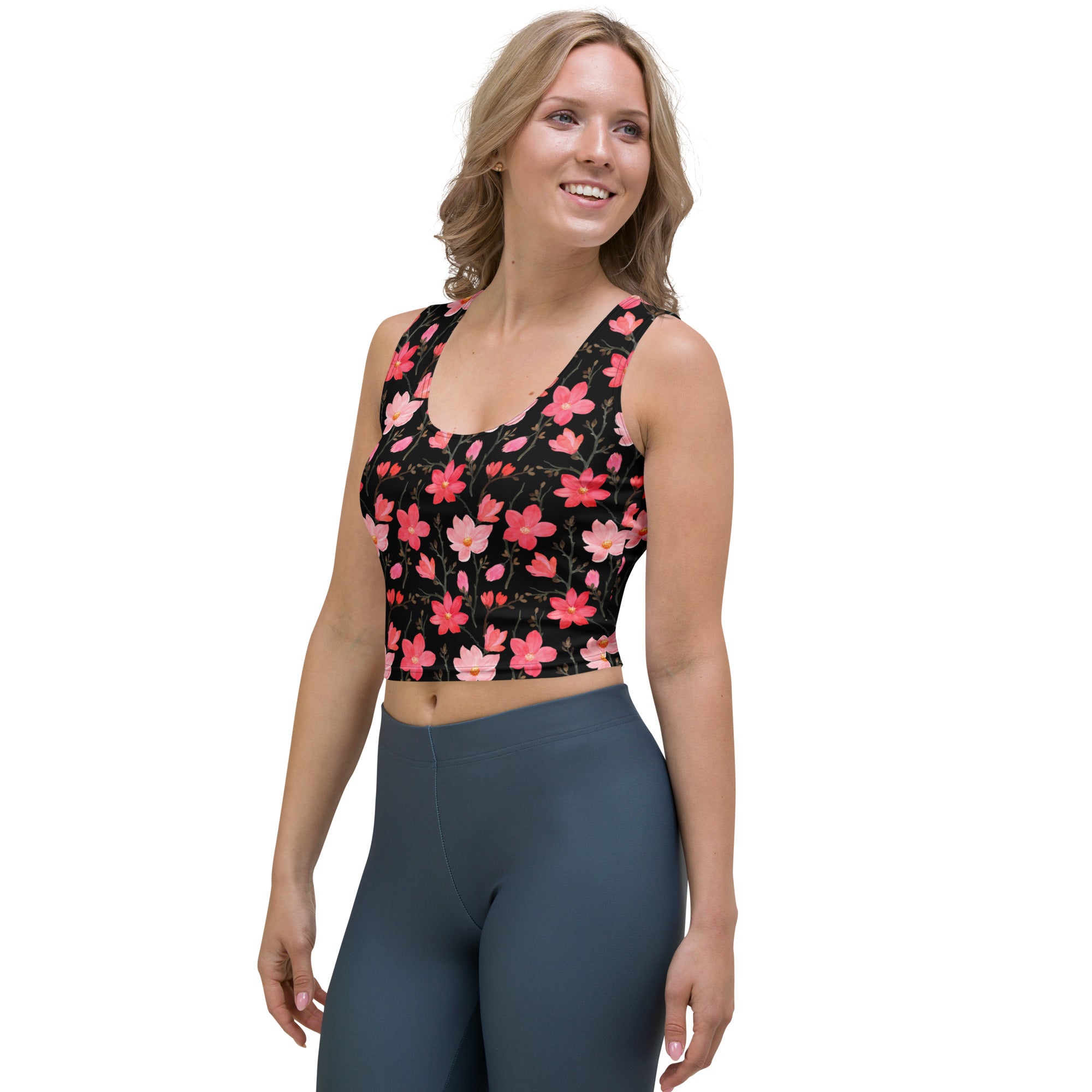 Women's Watercolor Pink Flowers Buttery Soft Crop Top- Quick-Drying UPF 50+ Stretch Top