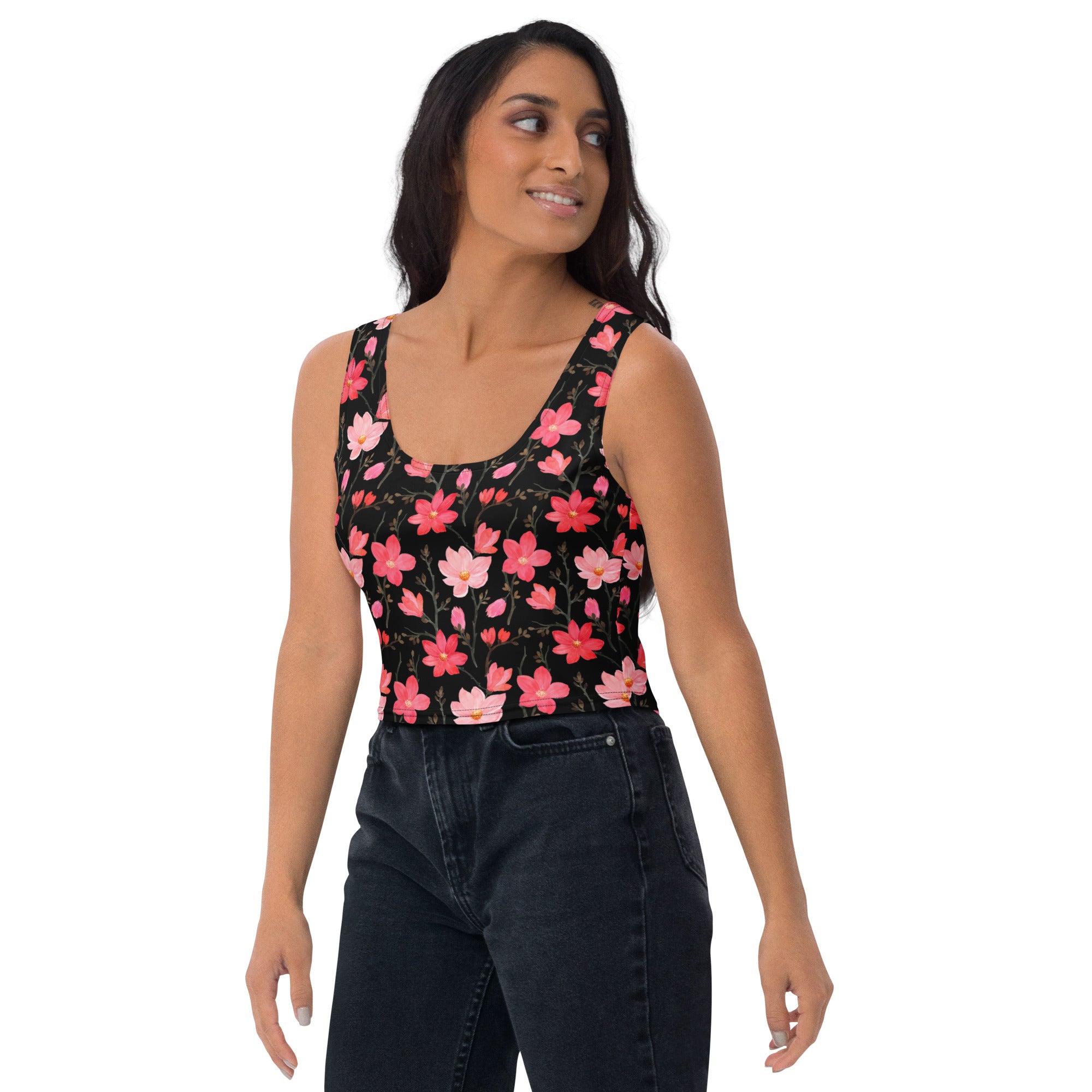 Women's Watercolor Pink Flowers Buttery Soft Crop Top- Quick-Drying UPF 50+ Stretch Top