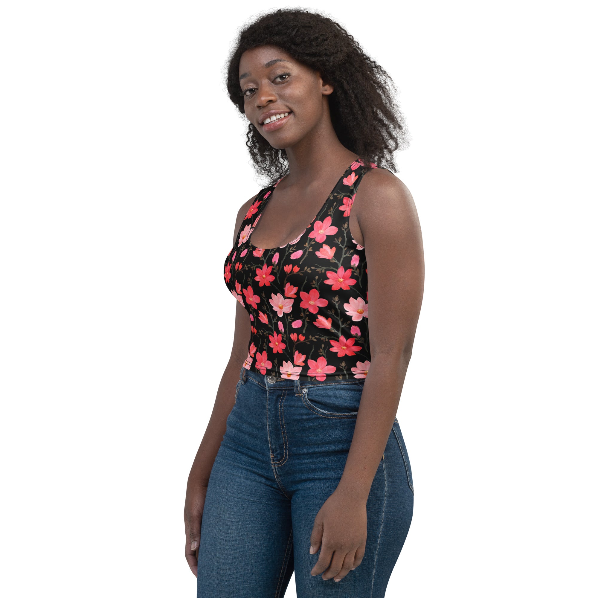 Women's Watercolor Pink Flowers Buttery Soft Crop Top- Quick-Drying UPF 50+ Stretch Top