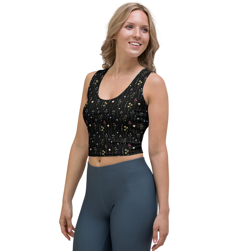 Women's Black Wildflower Buttery Soft Crop Top- Quick-Drying UPF 50+ Stretch Top