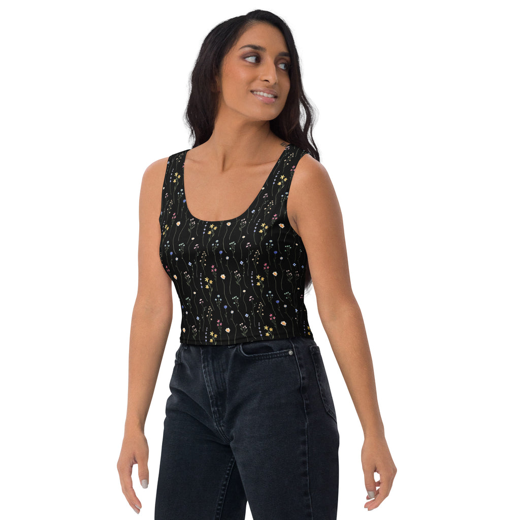 Women's Black Wildflower Buttery Soft Crop Top- Quick-Drying UPF 50+ Stretch Top
