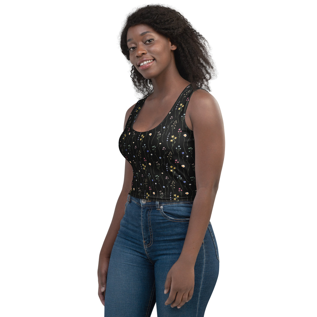 Women's Black Wildflower Buttery Soft Crop Top- Quick-Drying UPF 50+ Stretch Top