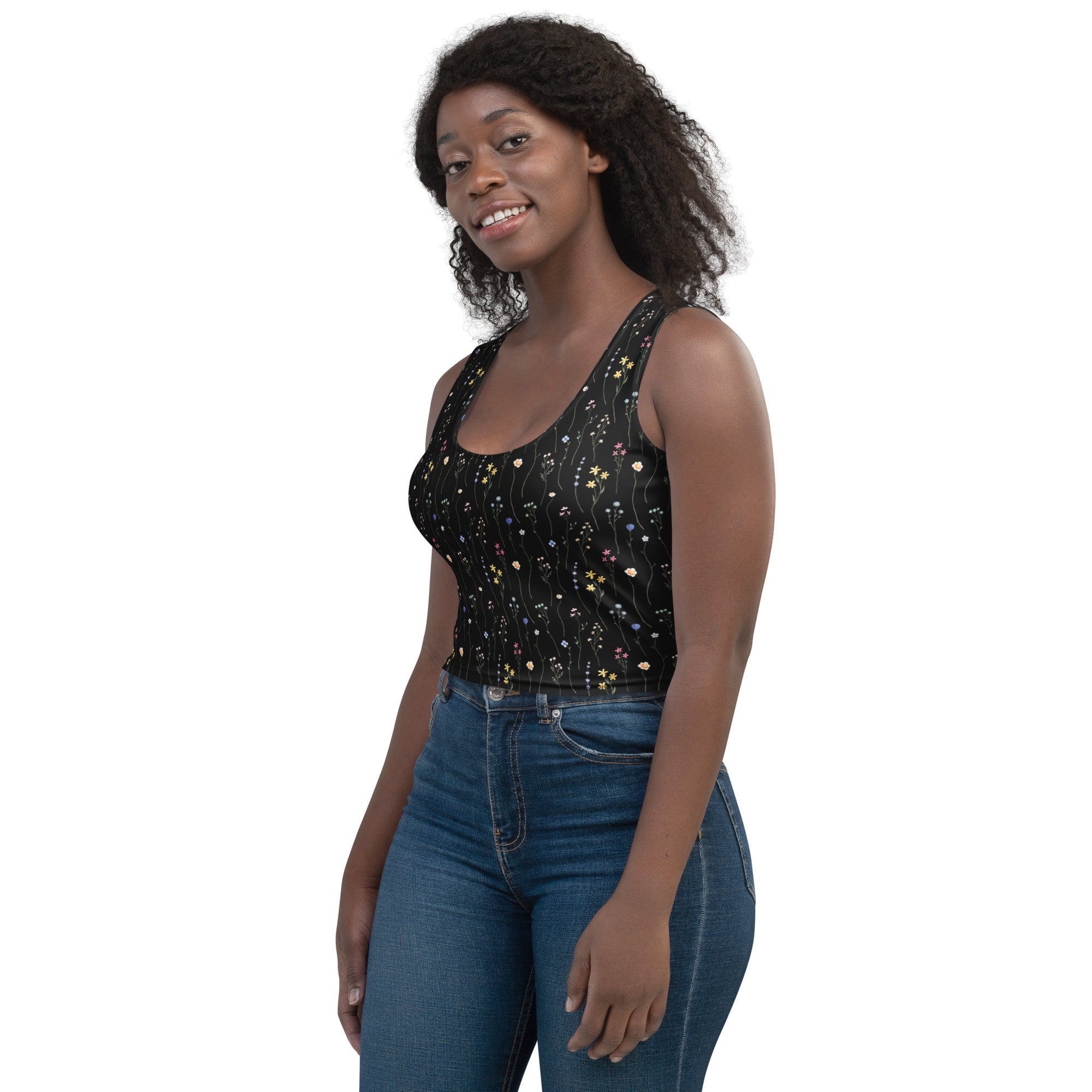 Women's Black Wildflower Buttery Soft Crop Top- Quick-Drying UPF 50+ Stretch Top