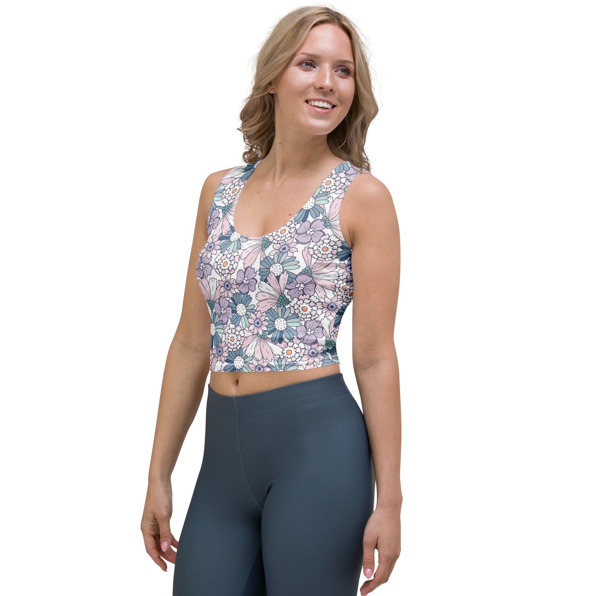 Women's Pastel Purple Daisy Buttery Soft Crop Top- Quick-Drying UPF 50+ Stretch Top