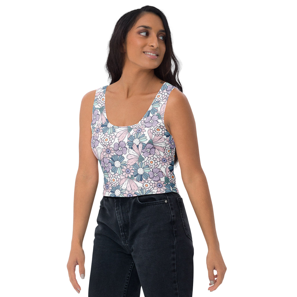 Women's Pastel Purple Daisy Buttery Soft Crop Top- Quick-Drying UPF 50+ Stretch Top