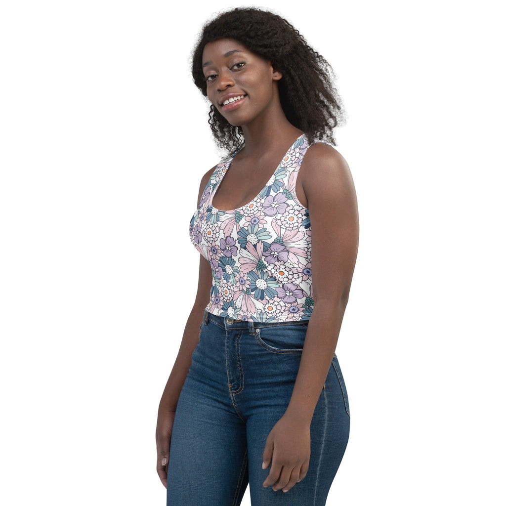 Women's Pastel Purple Daisy Buttery Soft Crop Top- Quick-Drying UPF 50+ Stretch Top