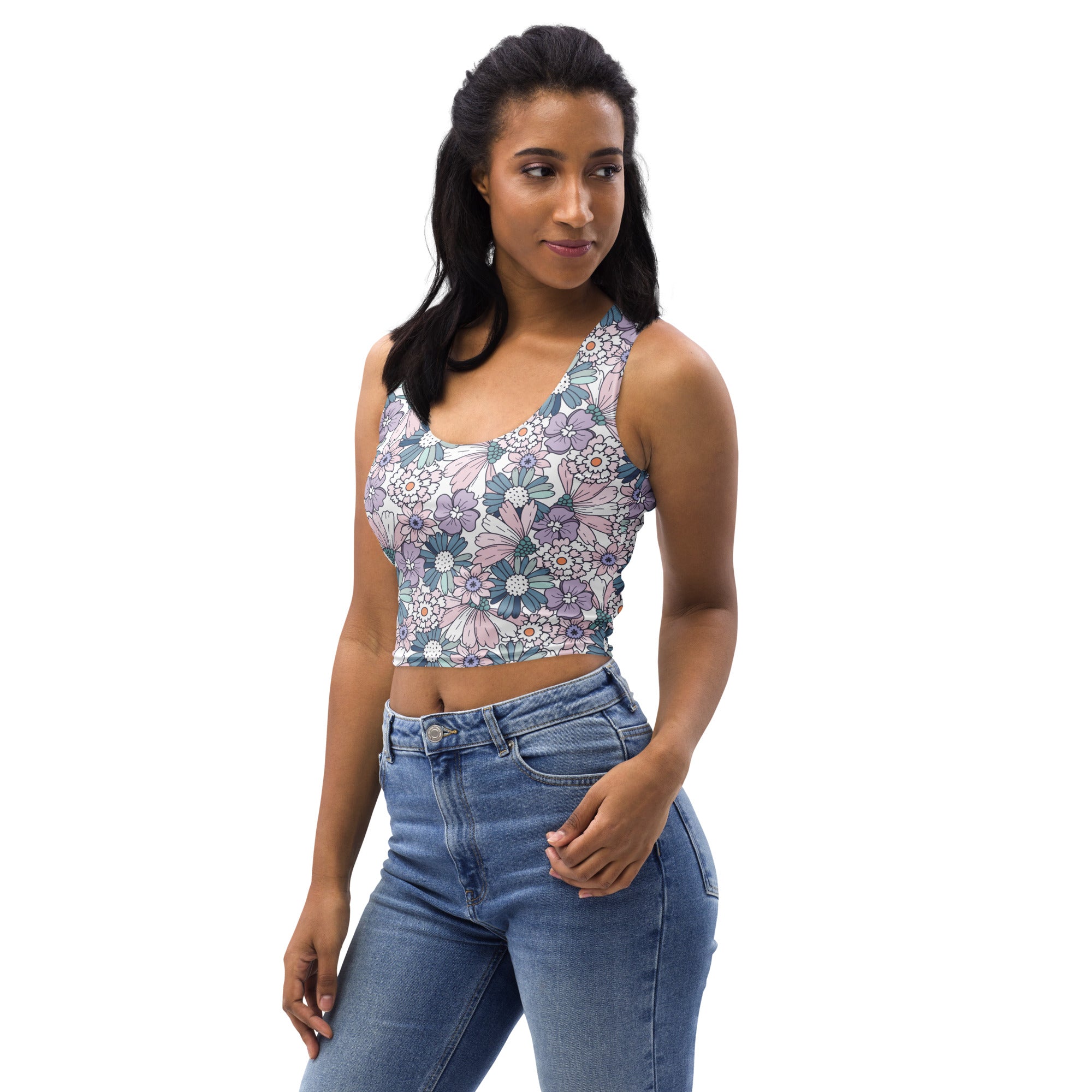 Women's Pastel Purple Daisy Buttery Soft Crop Top- Quick-Drying UPF 50+ Stretch Top