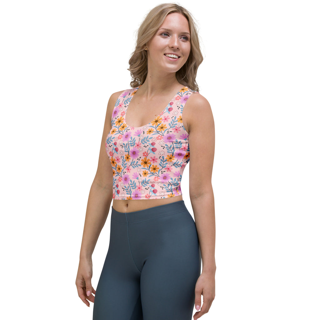 Women's Pink Floral Garden Buttery Soft Crop Top- Quick-Drying UPF 50+ Stretch Top