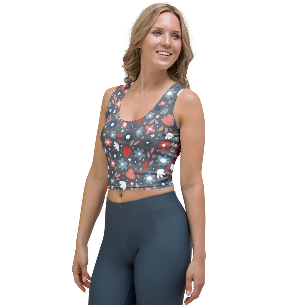 Women's Gray Floral Buttery Soft Crop Top- Quick-Drying UPF 50+ Stretch Top