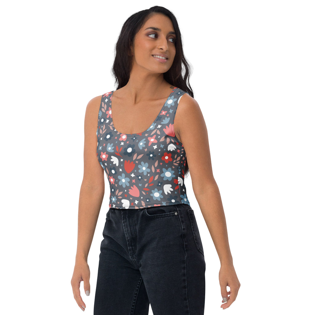 Women's Gray Floral Buttery Soft Crop Top- Quick-Drying UPF 50+ Stretch Top