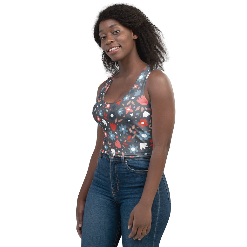 Women's Gray Floral Buttery Soft Crop Top- Quick-Drying UPF 50+ Stretch Top
