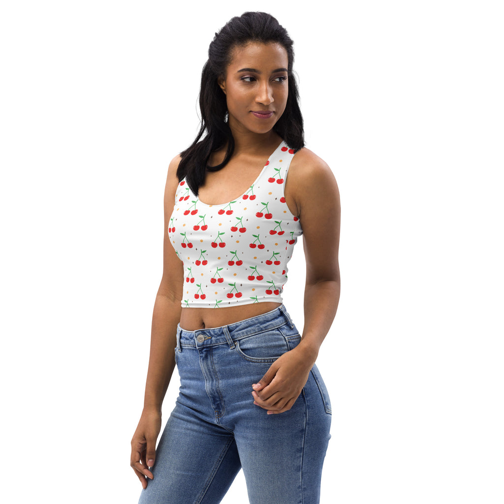 Women's White Cherry Buttery Soft Crop Top- Quick-Drying UPF 50+ Stretch Top