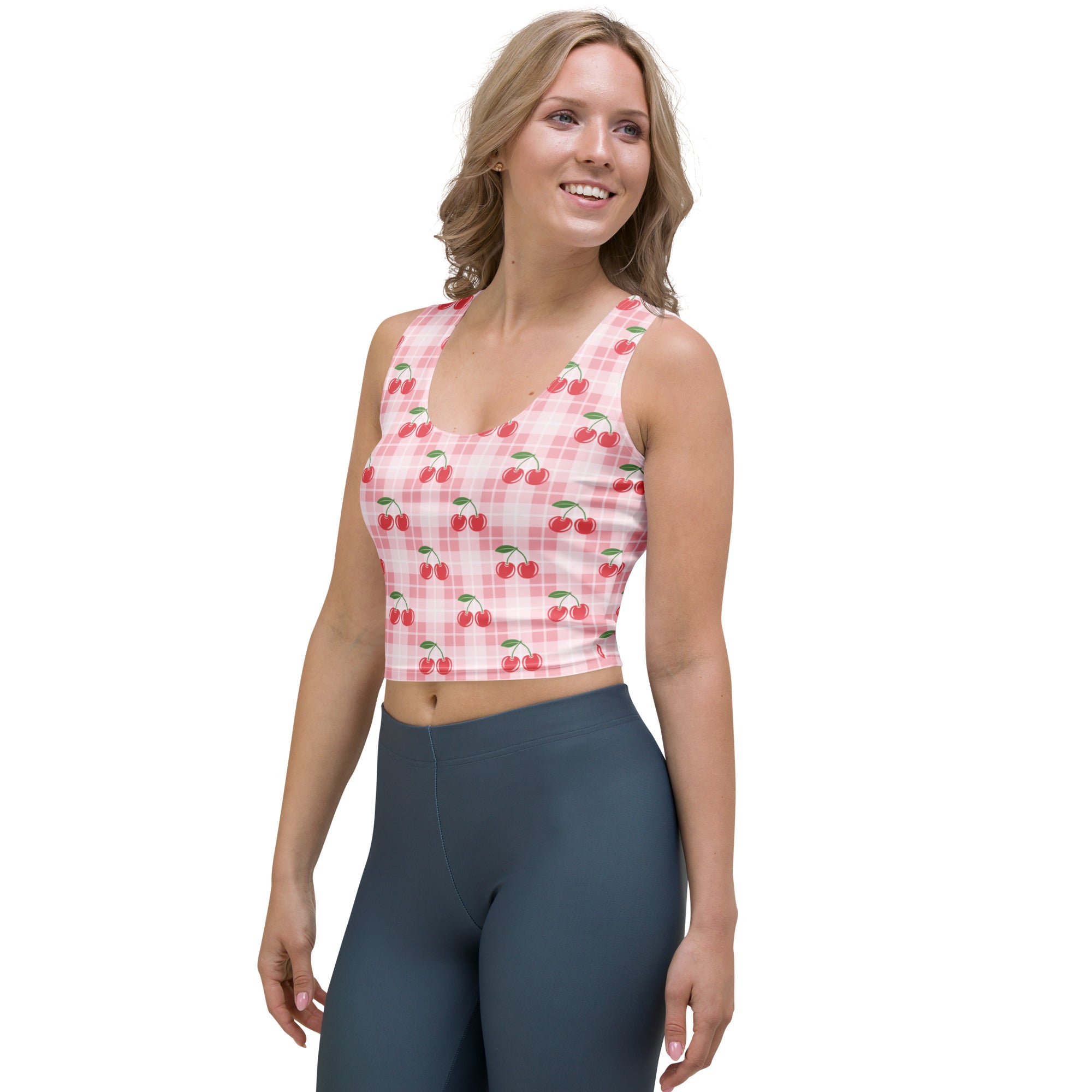 Women's Pink Gingham Cherry Buttery Soft Crop Top- Quick-Drying UPF 50+ Stretch Top
