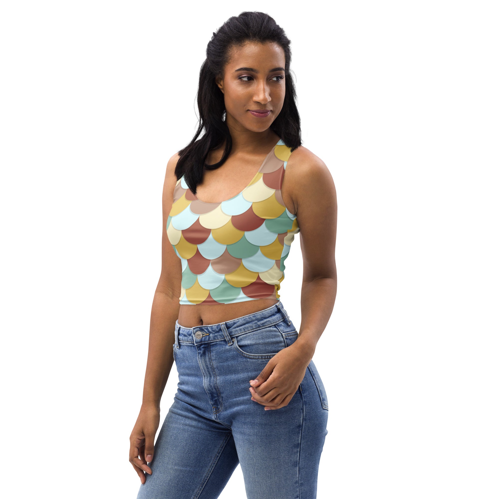 Women's Green And Brown Mermaid Buttery Soft Crop Top- Quick-Drying UPF 50+ Stretch Top