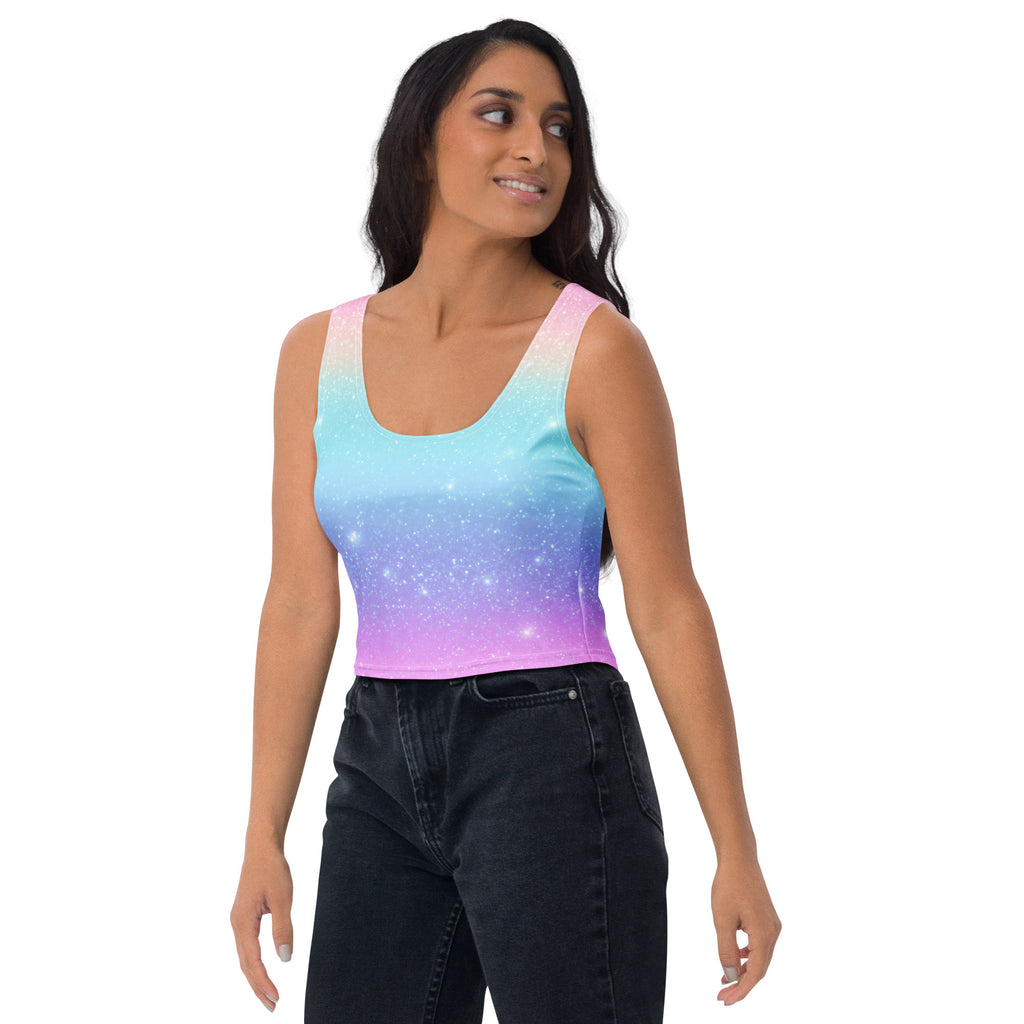 Women's Faux Sparkle Effect Rainbow Buttery Soft Crop Top- Quick-Drying UPF 50+ Stretch Top