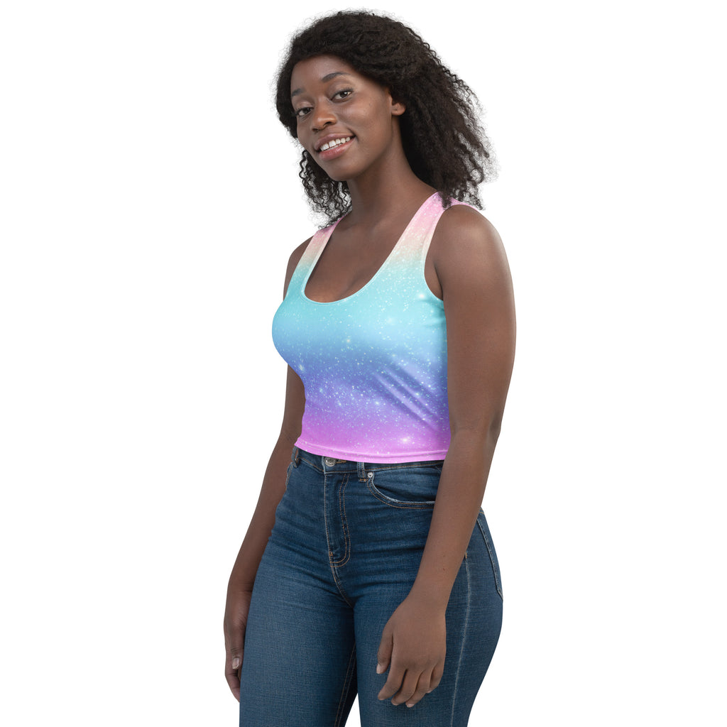Women's Faux Sparkle Effect Rainbow Buttery Soft Crop Top- Quick-Drying UPF 50+ Stretch Top