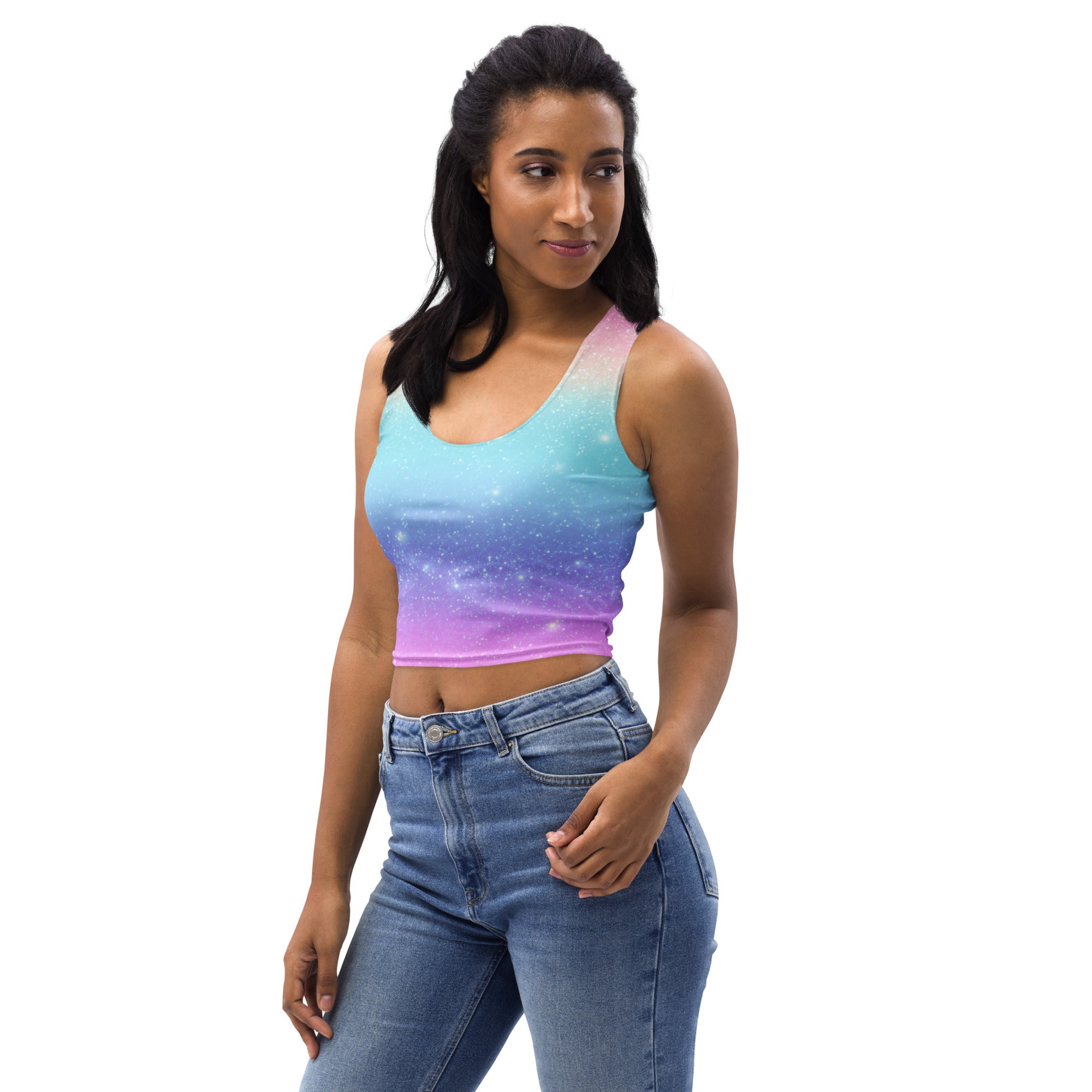 Women's Faux Sparkle Effect Rainbow Buttery Soft Crop Top- Quick-Drying UPF 50+ Stretch Top