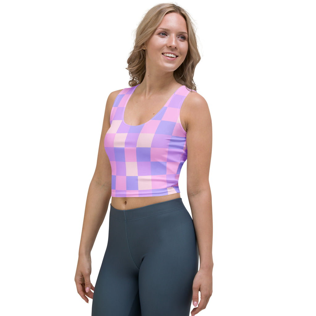 Women's Pastel Purple Gingham Buttery Soft Crop Top- Quick-Drying UPF 50+ Stretch Top