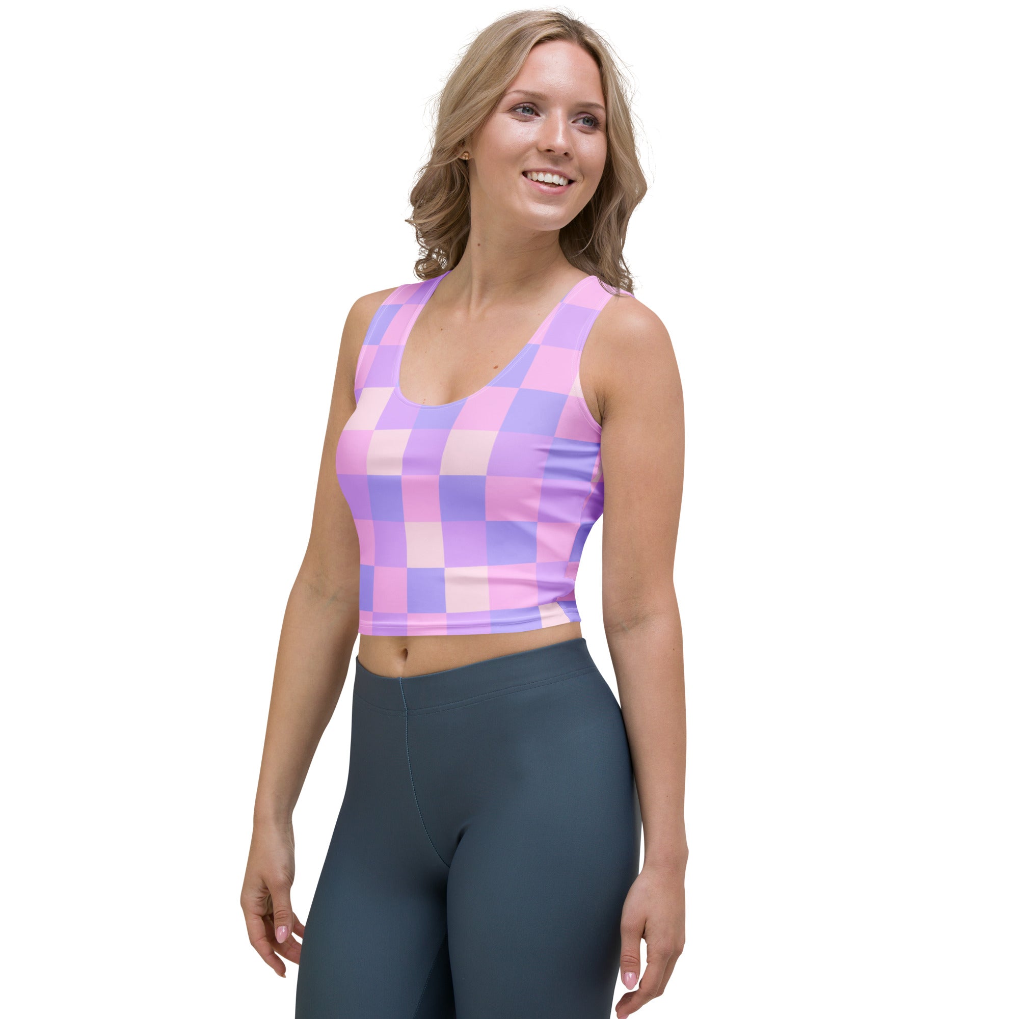 Women's Pastel Purple Gingham Buttery Soft Crop Top- Quick-Drying UPF 50+ Stretch Top