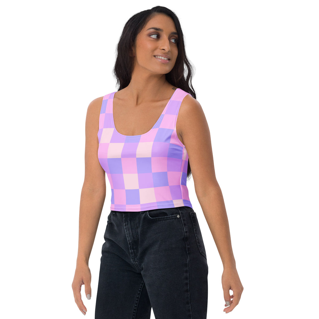 Women's Pastel Purple Gingham Buttery Soft Crop Top- Quick-Drying UPF 50+ Stretch Top