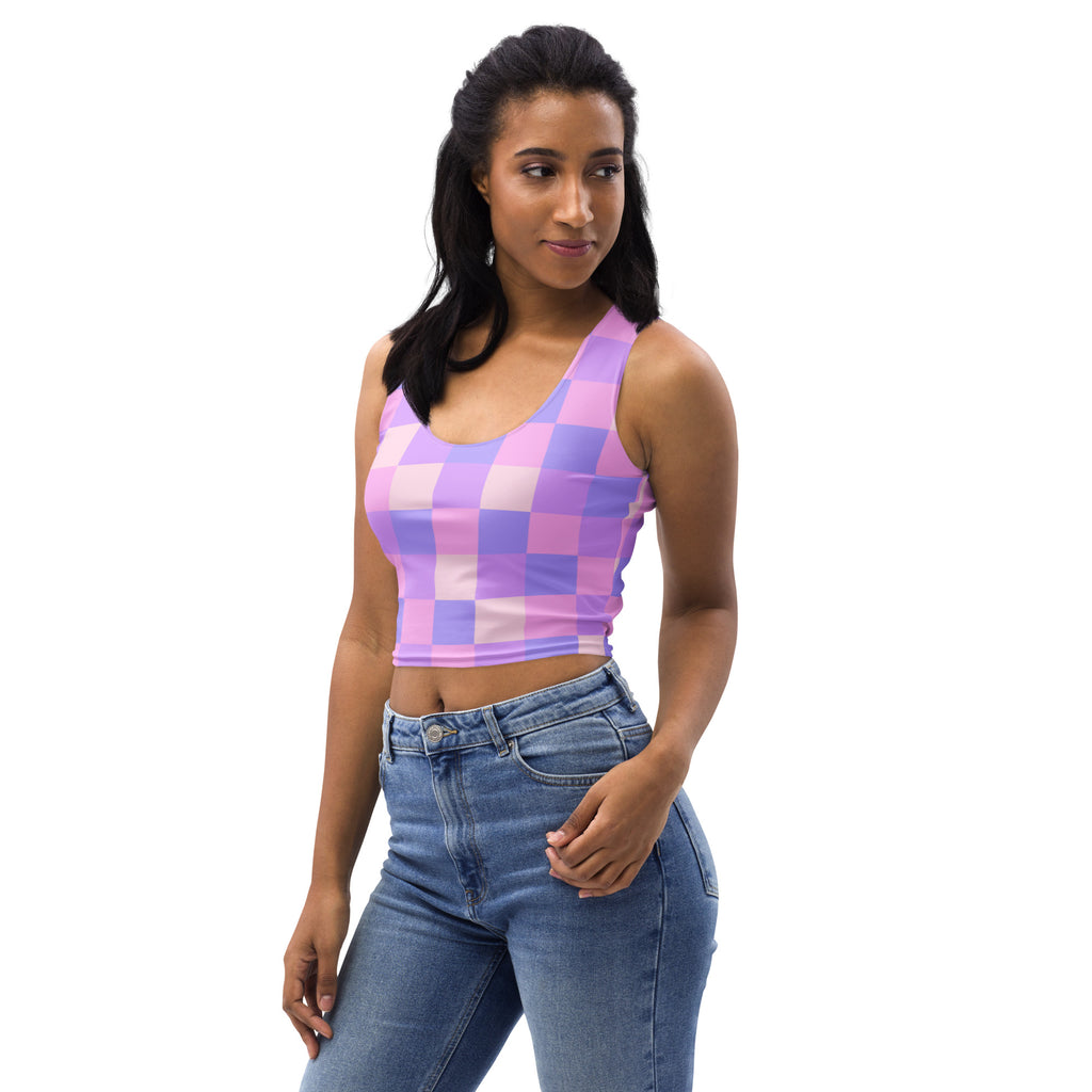 Women's Pastel Purple Gingham Buttery Soft Crop Top- Quick-Drying UPF 50+ Stretch Top