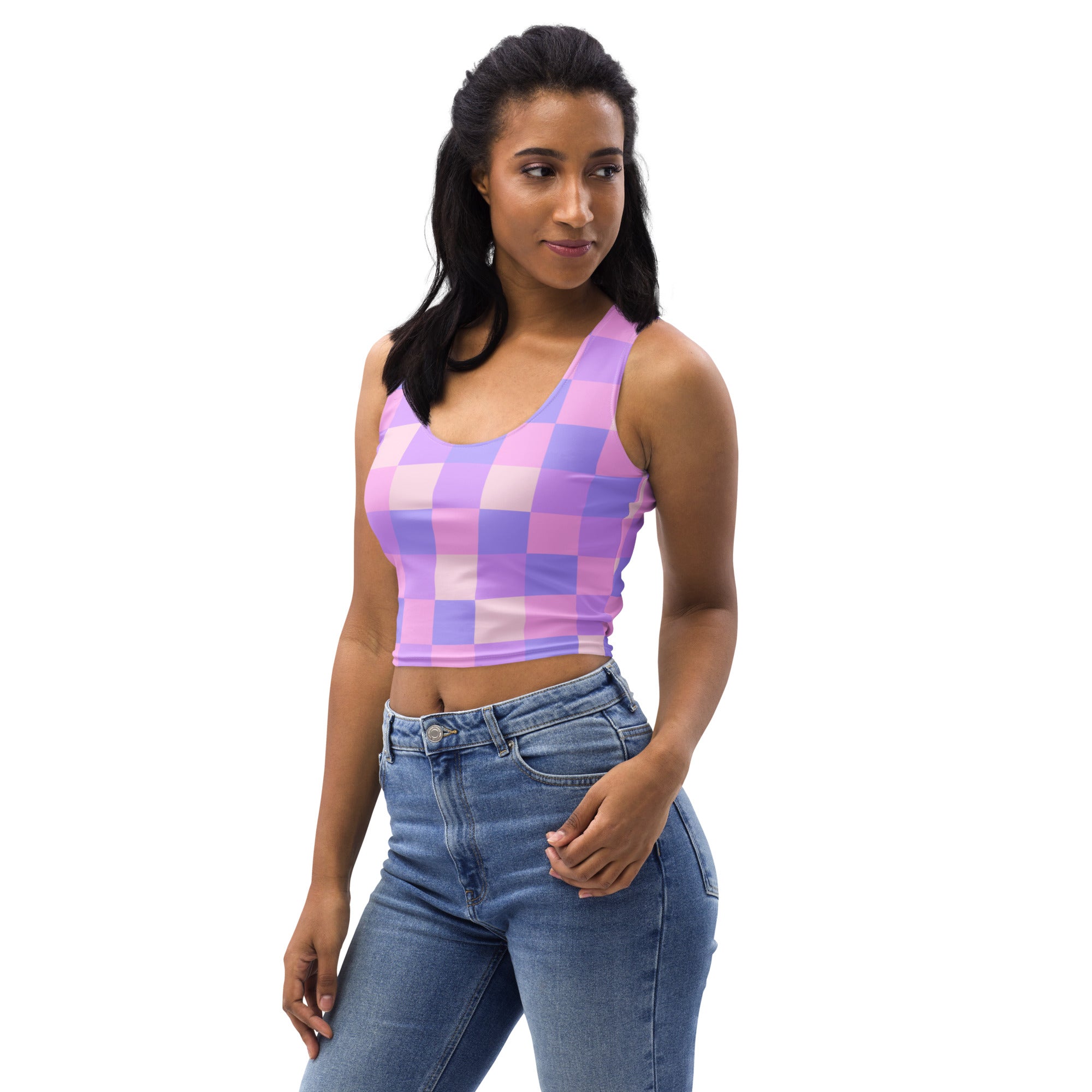 Women's Pastel Purple Gingham Buttery Soft Crop Top- Quick-Drying UPF 50+ Stretch Top