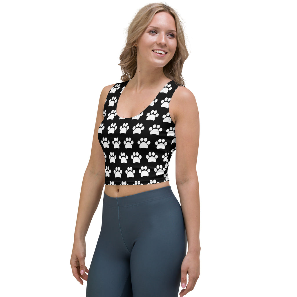 Women's Black Paw Print Buttery Soft Crop Top- Quick-Drying UPF 50+ Stretch Top