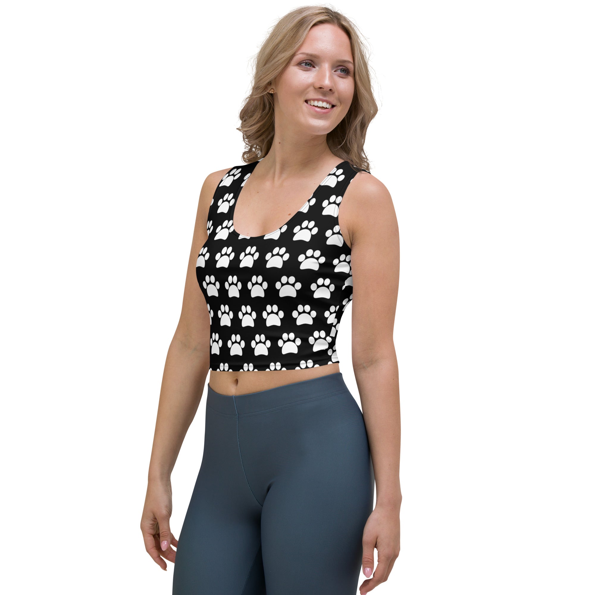 Women's Black Paw Print Buttery Soft Crop Top- Quick-Drying UPF 50+ Stretch Top