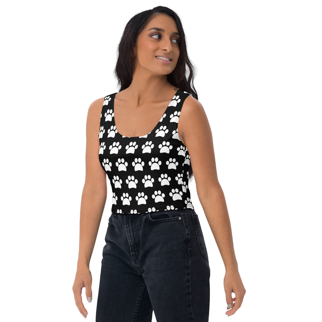 Women's Black Paw Print Buttery Soft Crop Top- Quick-Drying UPF 50+ Stretch Top