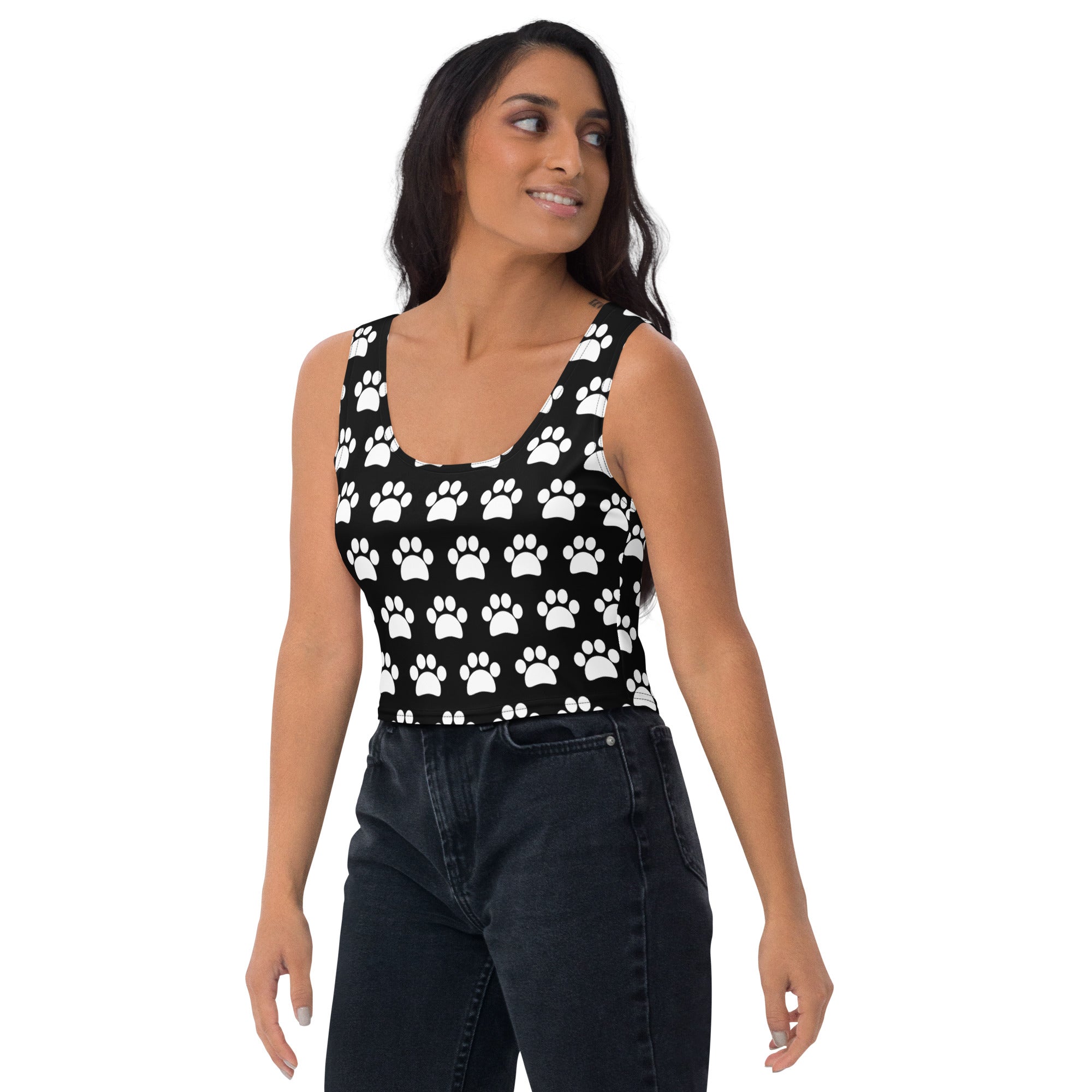 Women's Black Paw Print Buttery Soft Crop Top- Quick-Drying UPF 50+ Stretch Top