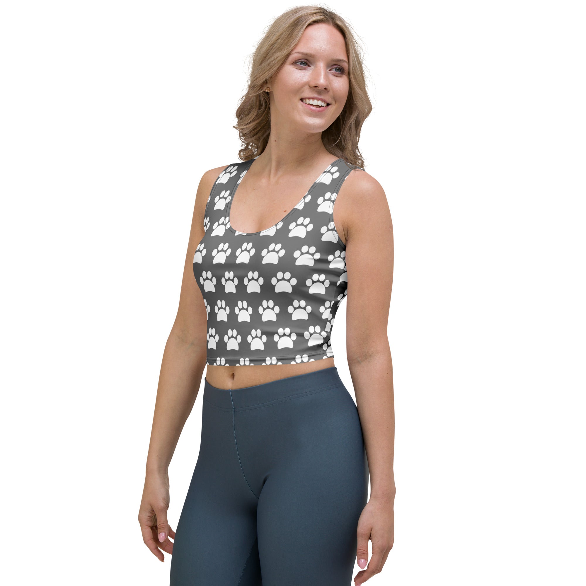 Women's Gray Paw Print Buttery Soft Crop Top- Quick-Drying UPF 50+ Stretch Top