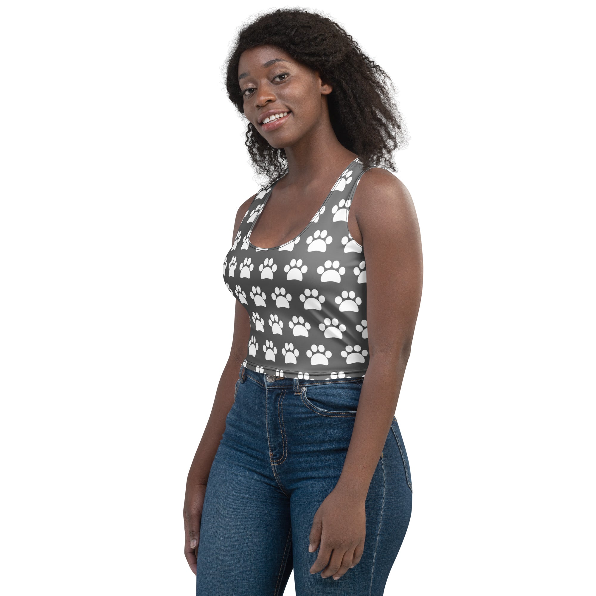 Women's Gray Paw Print Buttery Soft Crop Top- Quick-Drying UPF 50+ Stretch Top