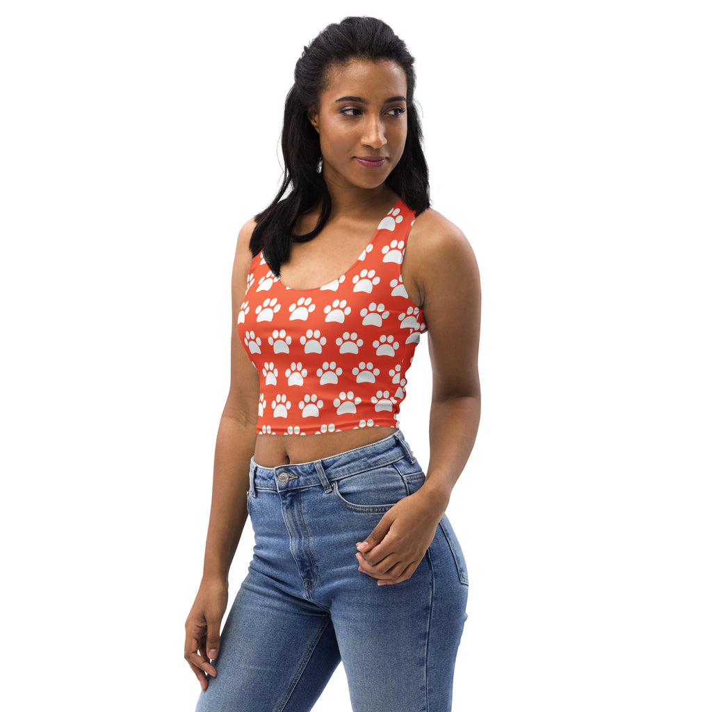 Women's Bright Orange Paw Print Buttery Soft Crop Top- Quick-Drying UPF 50+ Stretch Top